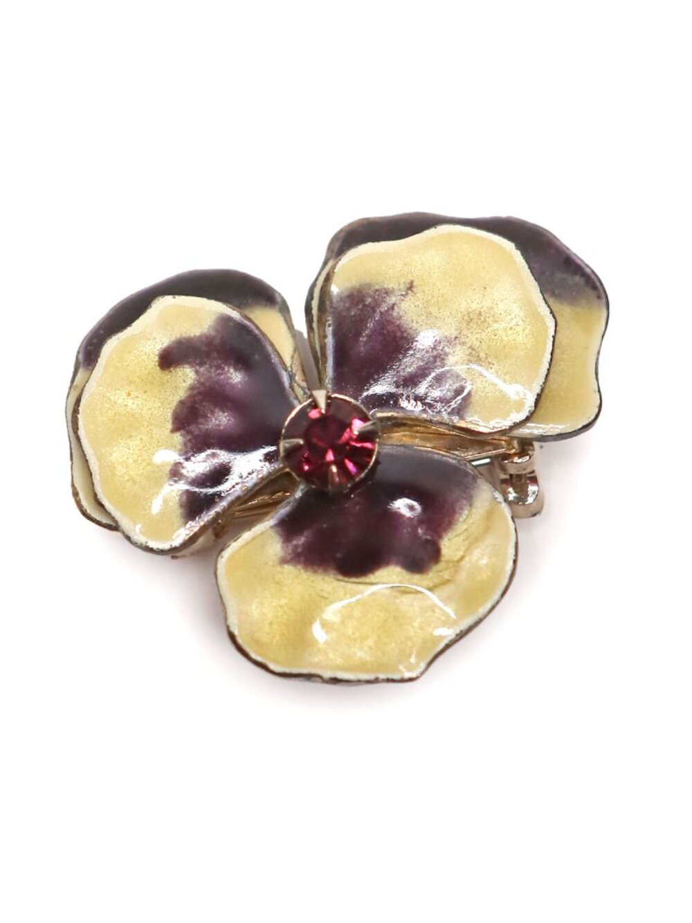 Vintage Enamel Pansy Flower Brooch Purple Yellow Rhinestone Costume Pin